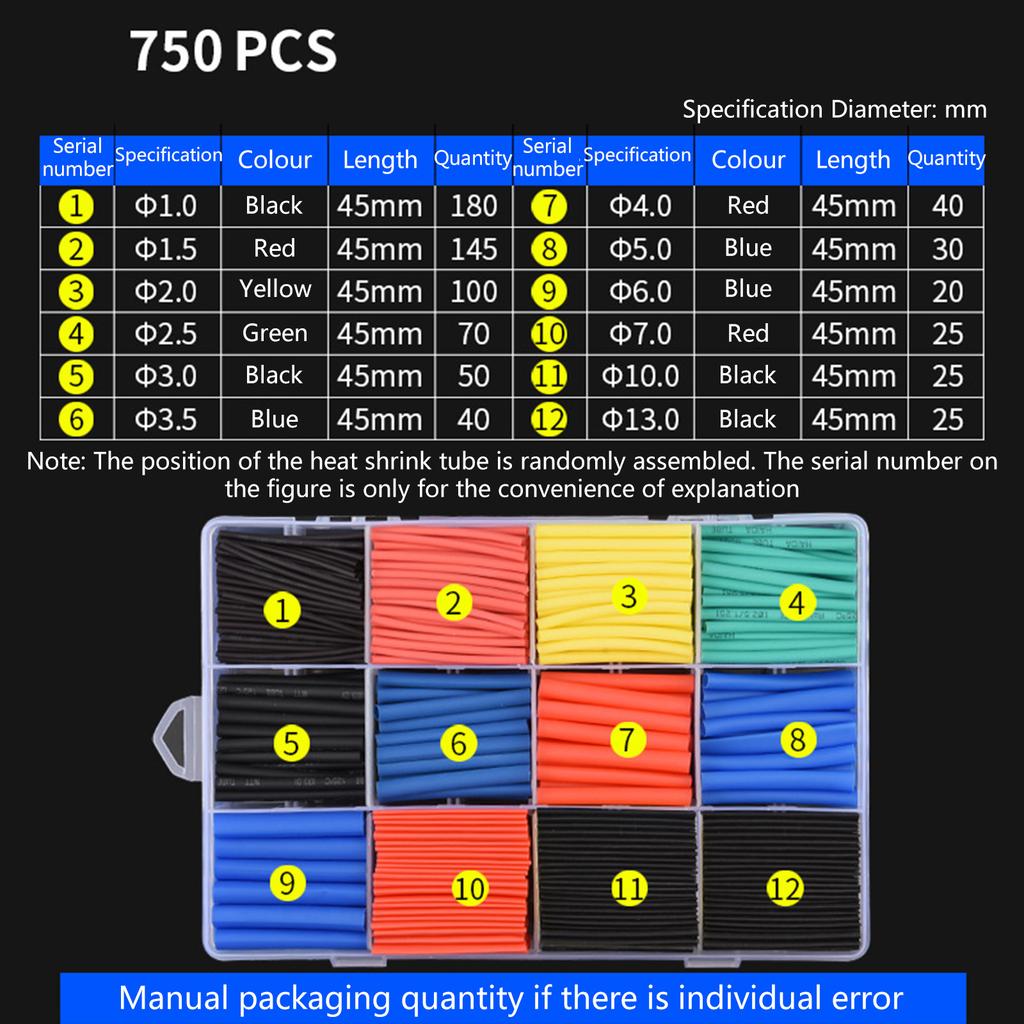 750/780/800pcs Electric Insulation Heat Shrink Tube Insulation Sleeving Electrical Wire Cable Wrap 2:1 Shrink Ratio