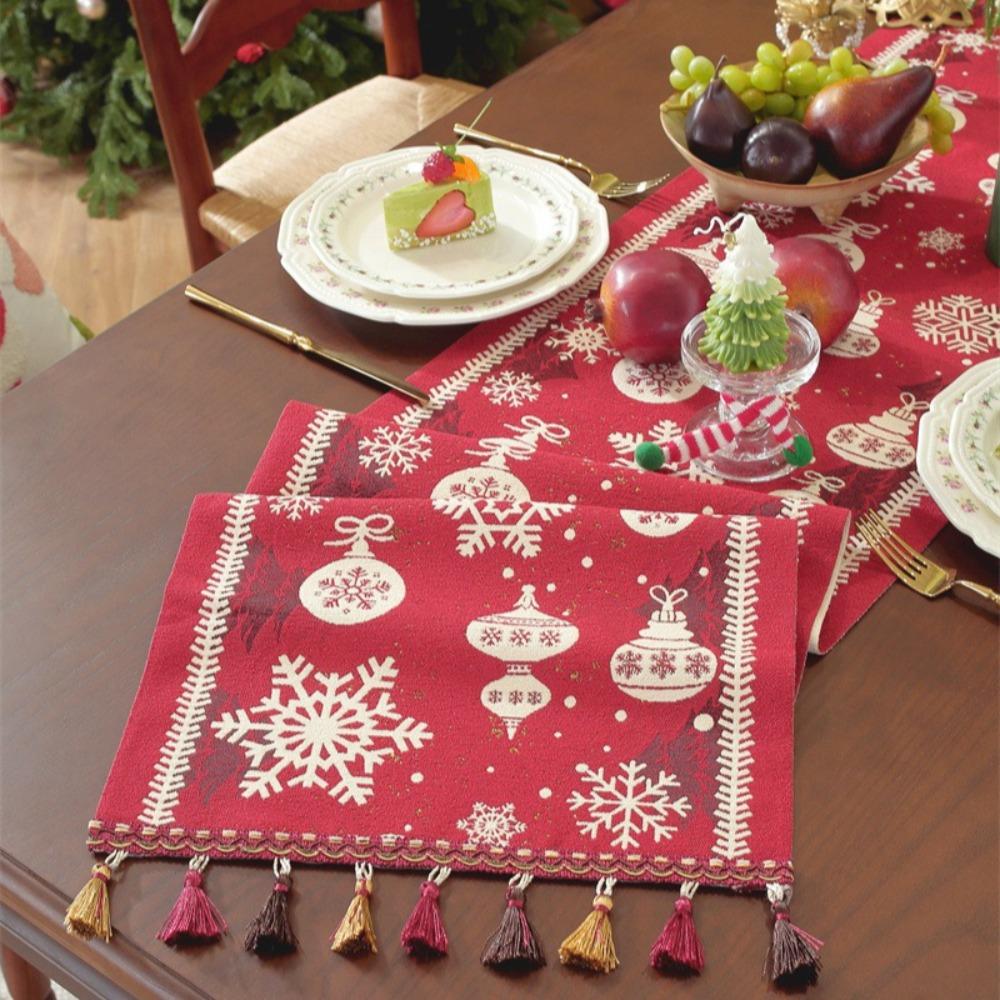 Christmas Jacquard Table Runner Red Snowflake Santa Hat Fringe Decorative Cover for Dresser TV Stand