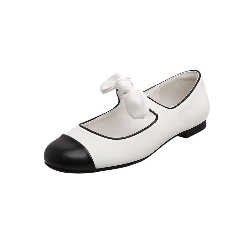 2026 Early Spring New Xiaoxiangfeng Round Head Bow Flat Bottom Ballet Single Shoes Women's Leather Mary Jane