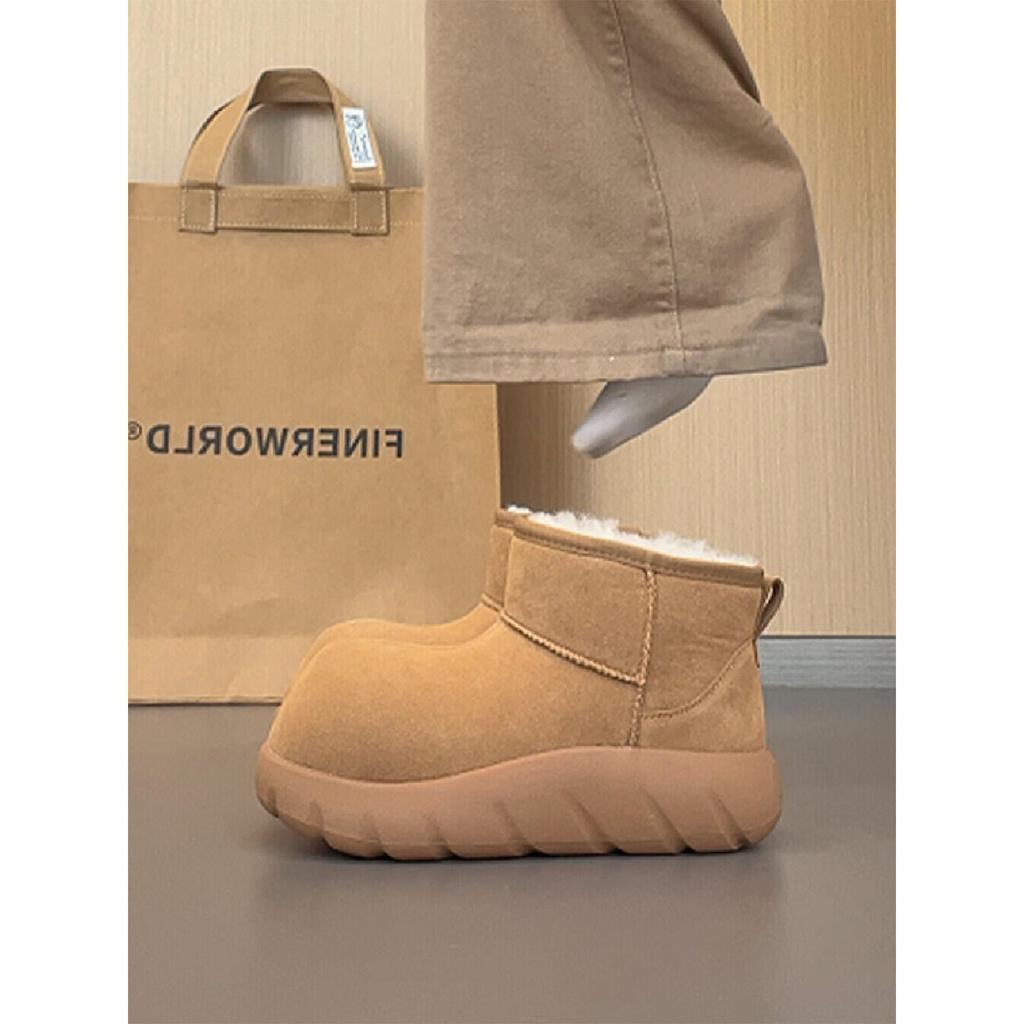 New Winter Leather Big Head Velvet Thickened Lamb Wool Thick-soled Non-slip Cotton Shoes Snow Boots Women