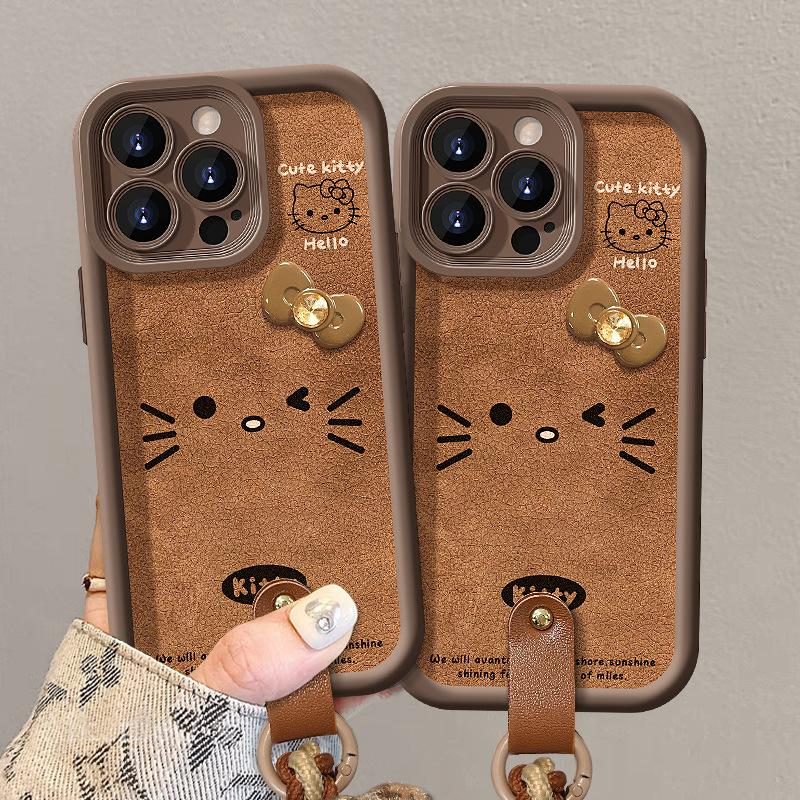 KT Cat Bow Doll Lanyard Suitable for Apple 13PRO Lambskin Mobile Phone Case 14 Fine Hole Anti-drop 12 Retro X