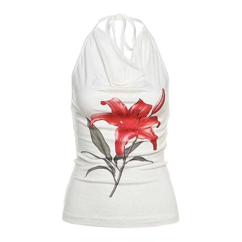 

# Sisjuly# Gentle Meiko Flowers Print Swing Collar Halter Spaghetti Straps Flame Red Knot Mid-Length Dress Set Female Summer White Tube Top(K25L65209) L