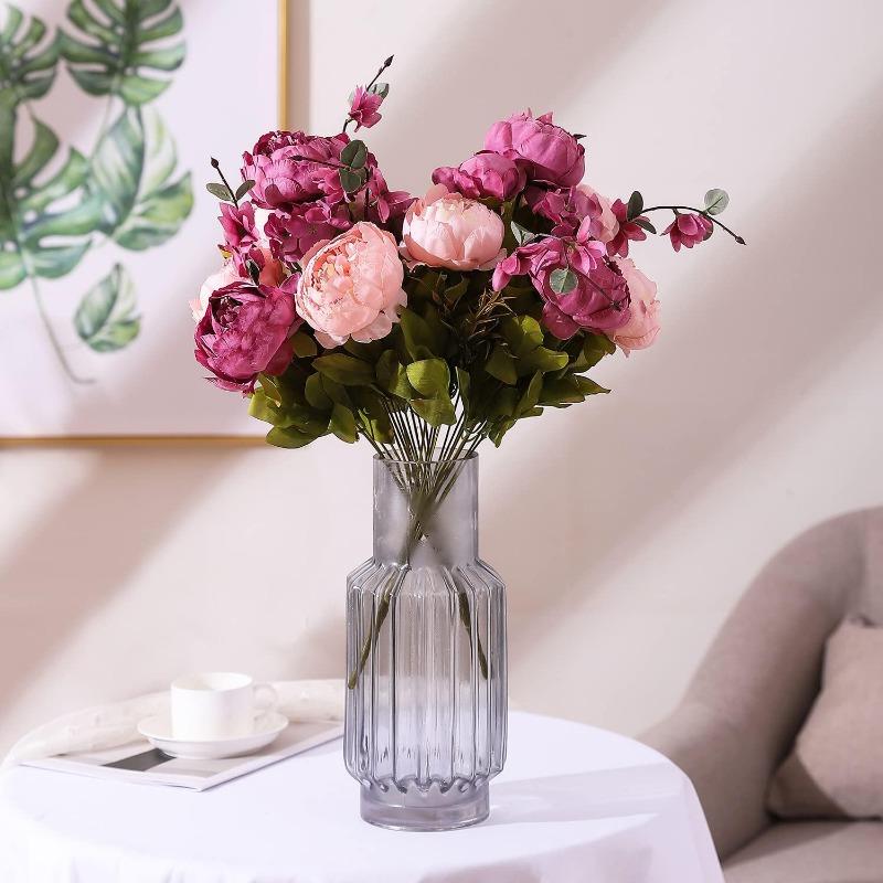 Faux Peony Bouquet 13 Heads Flowers Bud Vintage Artificial Peony 47cm Silk Flowers for Wedding Home Decoration,1pc