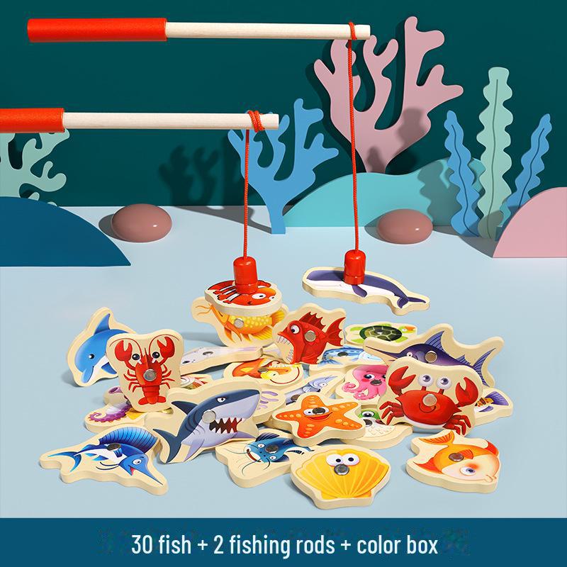 Double-Sided Wooden Magnetic Fishing Toy for Toddlers – Educational Ocean-Themed Bucket with Intelligence-Car Feature