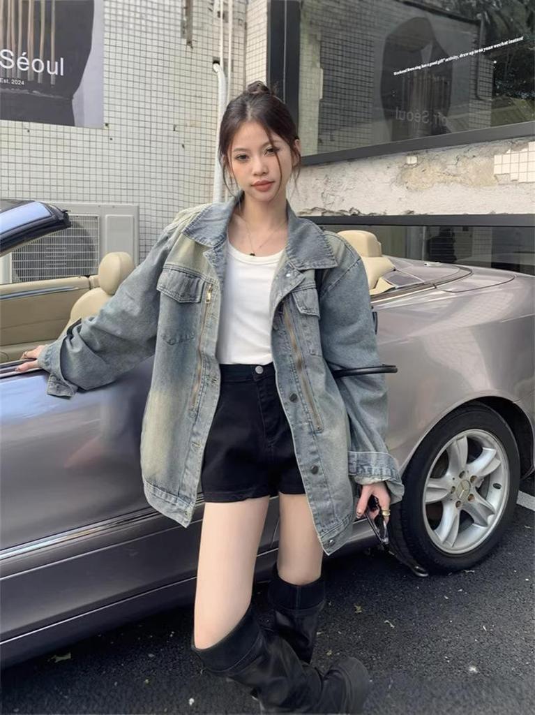 2026 Spring Plus Size Korean Style Women's Denim Jacket - Long Sleeve, Loose, Trendy New Arrival