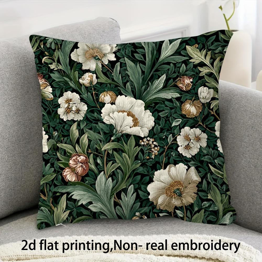 Elegant Floral Pillow Cover, Dark Green And White Botanical Design Cushion Case For Living Room Bedroom Home Decor Gift