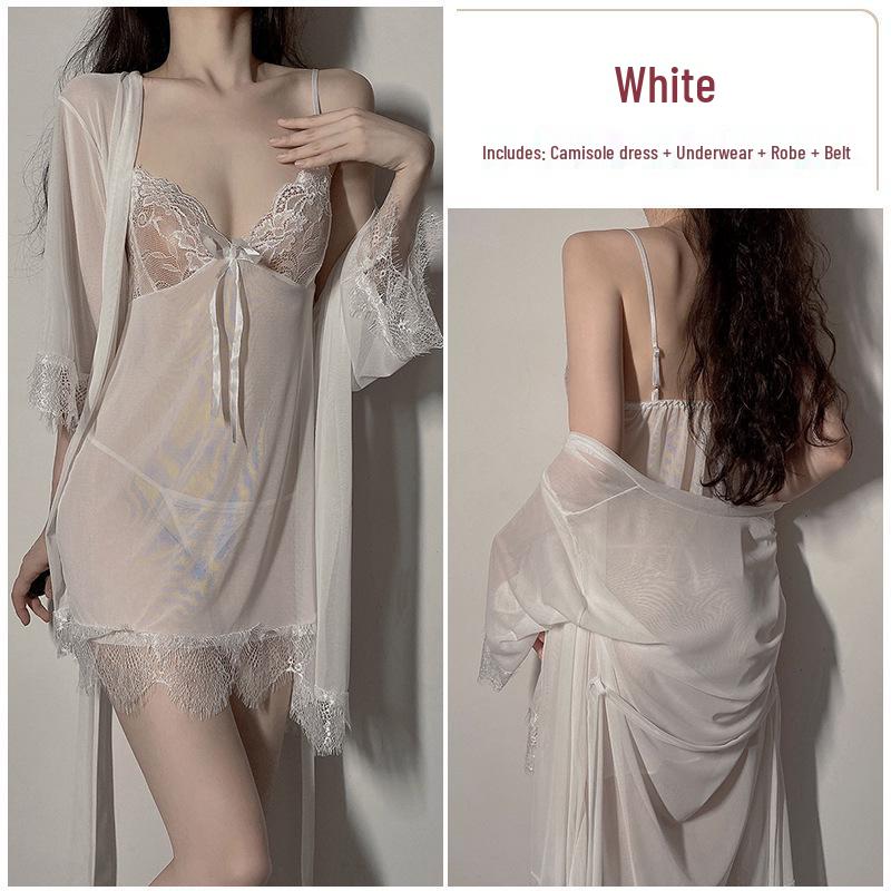 Strappy Lace Nightgown & Tie-Up Robe Set: Tempting Lingerie Homewear for Women