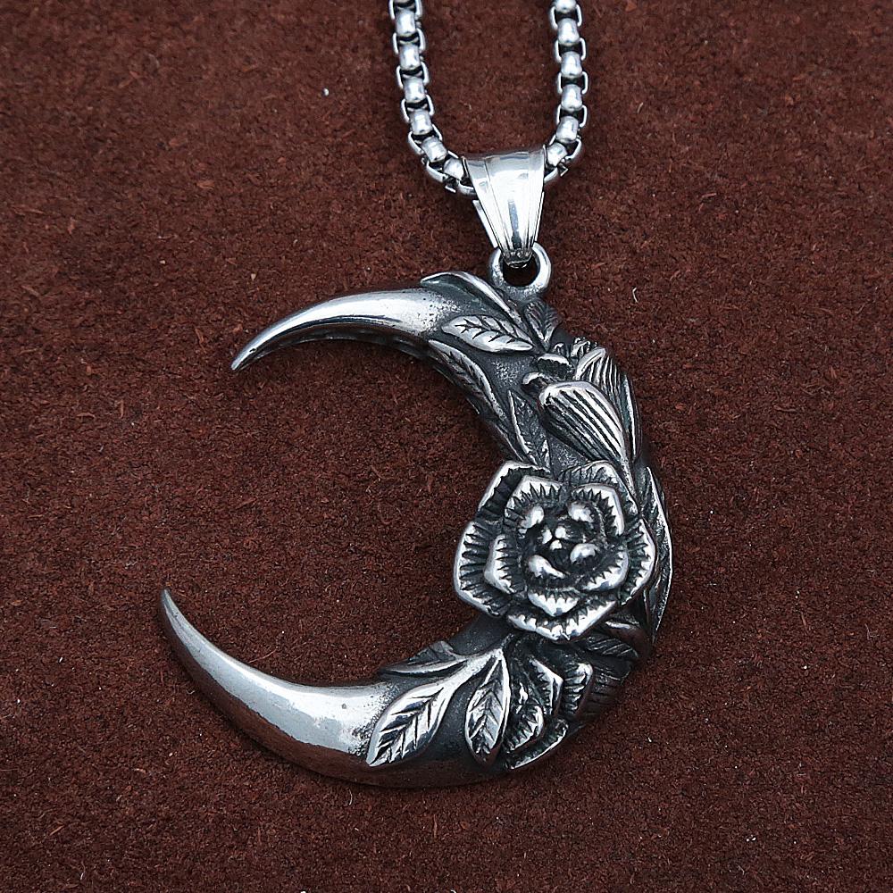 Fashion Creativity Rose Pendant for Men Women Retro Stainless Steel Moon Couple Necklace Personality Jewelry Gifts
