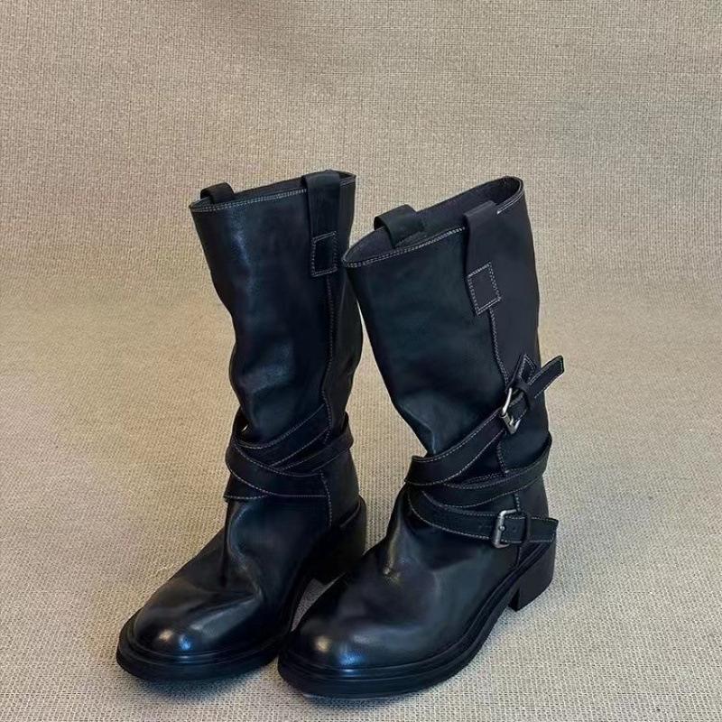 Cowhide Edition~ Retro Belt Buckle Medium Boots Western Cowboy Boots Skinny Thick-soled Fried Street Short Boots Female Knight Boots
