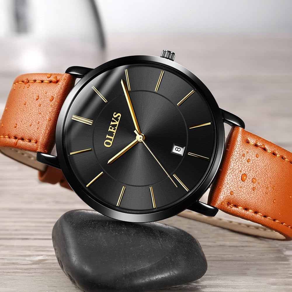 YPF OLEVS Men's Retro Quartz Watch 6.5mm Steel Bezel Leather Band Waterproof Date Dial Black Brown Yellow