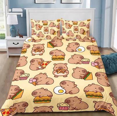 Cute Capybara Snack Bedding Set, Cartoon Food Print Duvet Cover Set, Kawaii Home Textile, Perfect Gift for Capybara Lovers