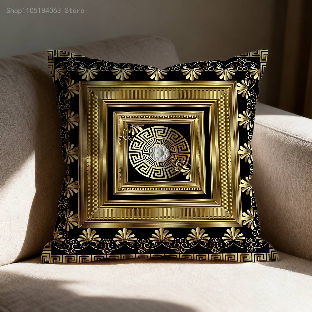 Greek Key Golden Baroque Style Pillow Case Print Polyester Fiber 40X40 Cm Home Sofa Throw Cushion Cover Decoration