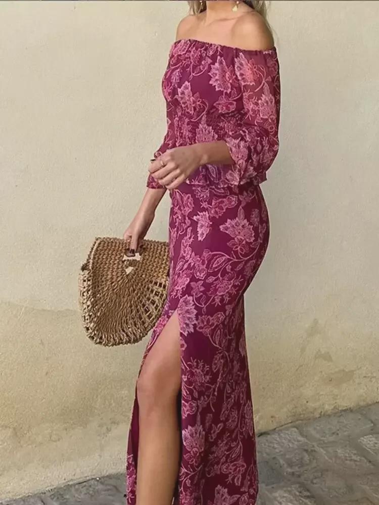 2024 Rose Red One-Shoulder Long-Sleeve Shirt & High-Waisted Skirt Set for Women