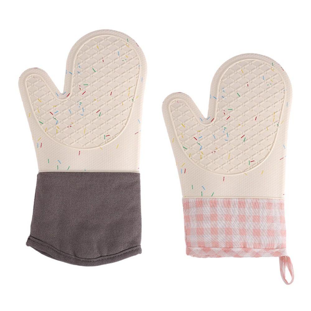 Anti Scalding Silicone Gloves Pink Plaid Oven Gloves Hot Pot Mitts Microwave Gloves  Baking