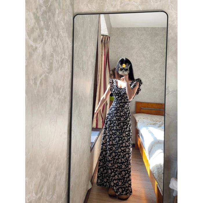 75 Tall Extended Black Floral Waist Dress Women's Ankle Rose Island Lotus Leaf Edge Skinny Long Dress