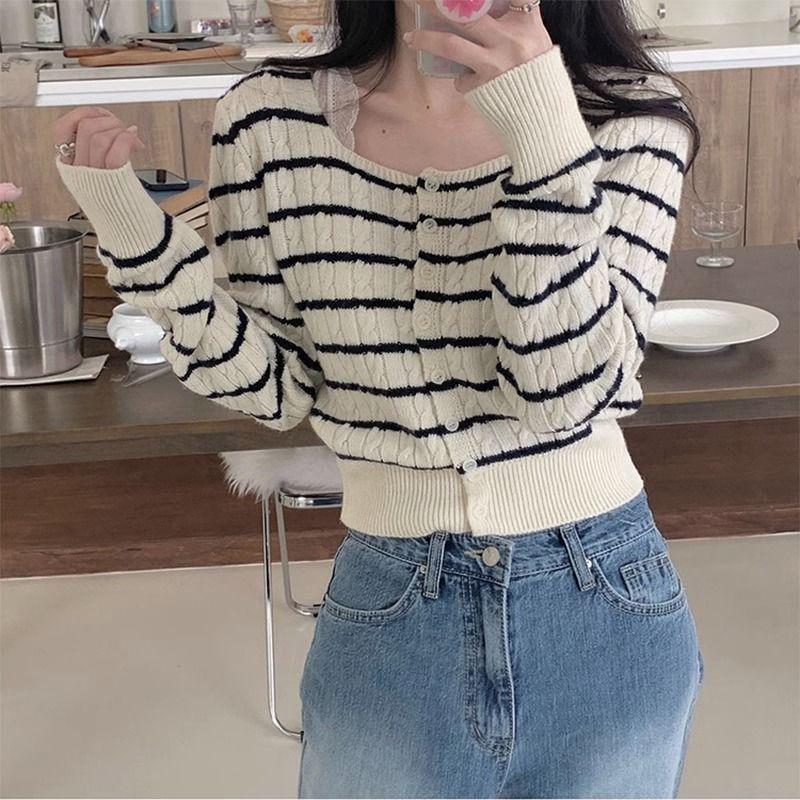 

Кардиган, свитер, весна и осень, полосатый ароматный трикотаж, свитер с квадратным вырезом, кардиган, короткий женский контрастный свитер с талией One Size бежевый