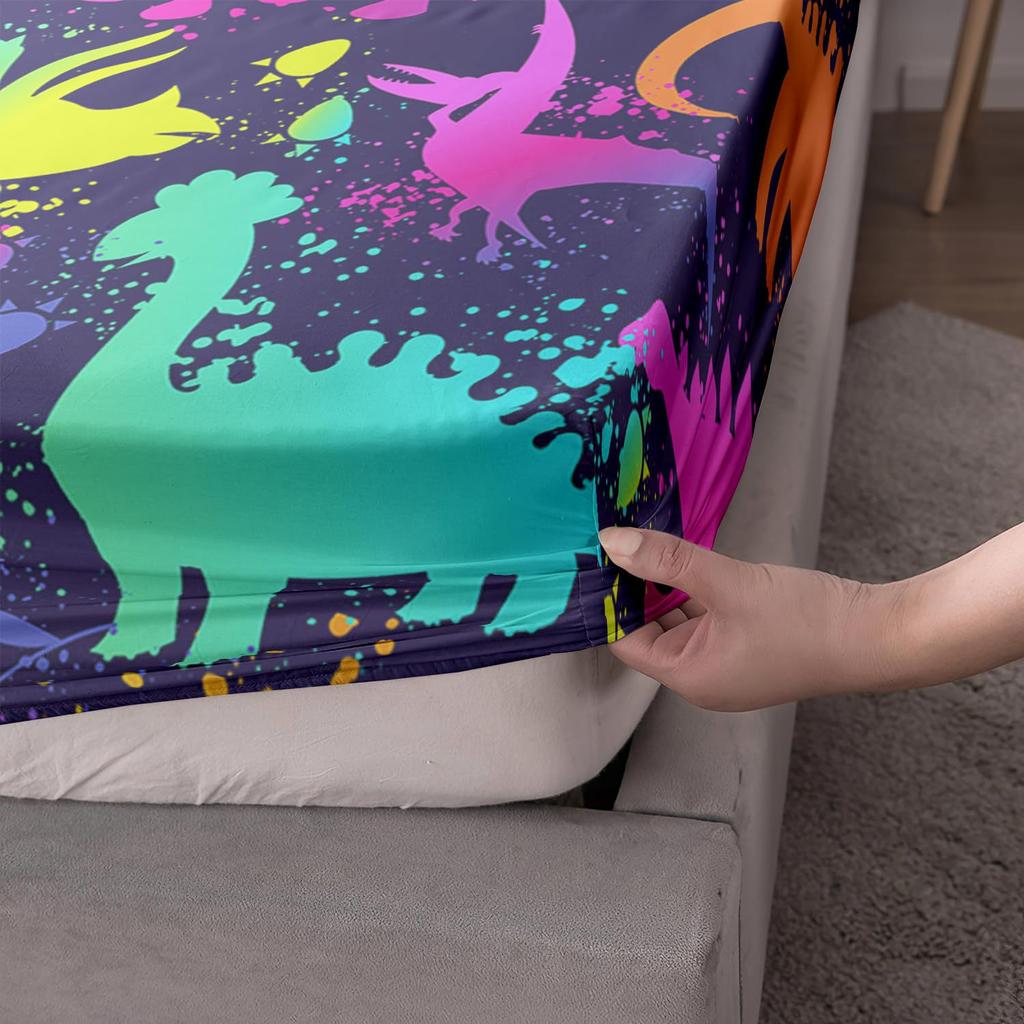 Mehrfarbiges Cartoon-Dinosaurier-Muster Bettmütze Dreiteiliges Digitaldruck Niedliches Muster Bettwäscheset