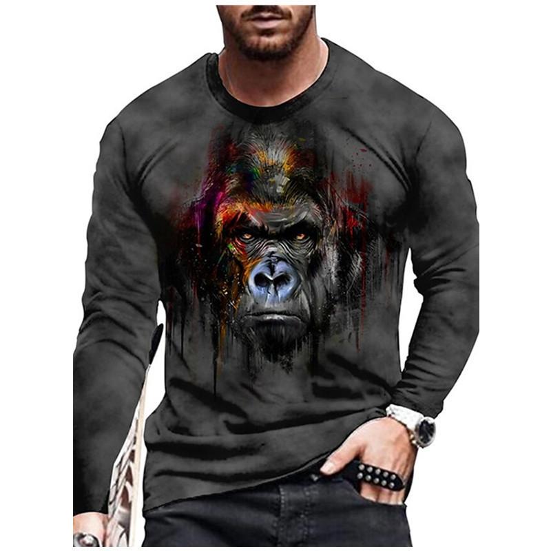 Round Neck 3D Animal Printed Top Casual Long Sleeved Men's T-shirts - Soft Medium Stretch Polyester Fabric Spring and Autumn Relaxed Fit Clothing
