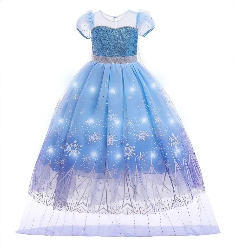 Girls' Frozen Elsa Princess Light-Up Dress with Puff Sleeves and Detachable Floor-Length Veil
