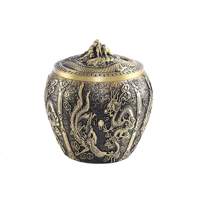 Brass Tea Caddy With Dragon Phoenix Motif Airtight Storage Jar Puer Loose Leaf Vintage Luxury Design