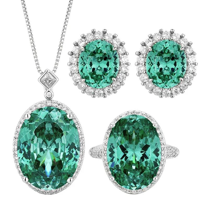 Stunning Oval Cut Green Crystal Women Jewelry Necklace Ring Earrings Design Ideal for Elegant Glamorous Looks Party Accessories