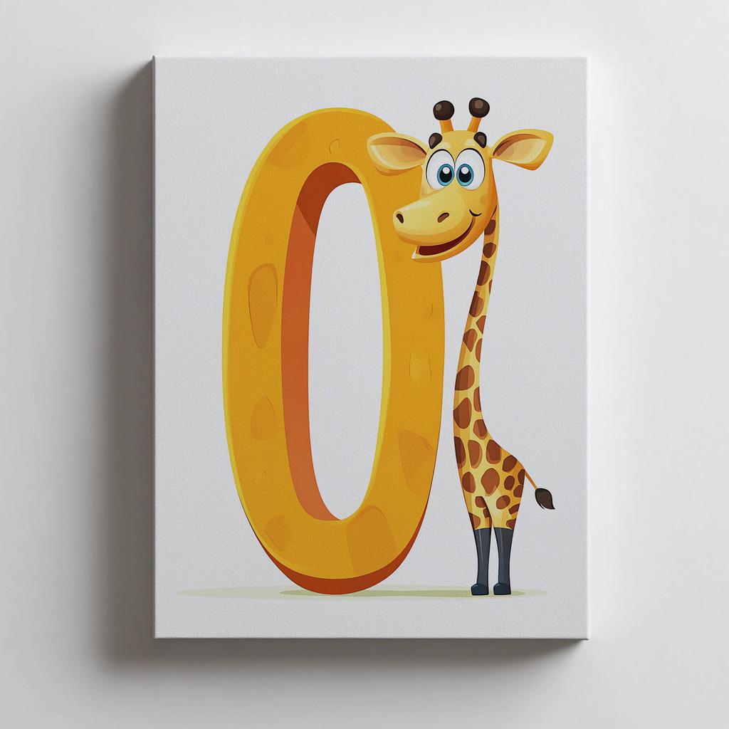 Poster Smiling Giraffe At The Letter "O Poster Smiling Giraffe At The Letter "O, 50X70 Cm, Unframed, Premium Canvas On Stretcher