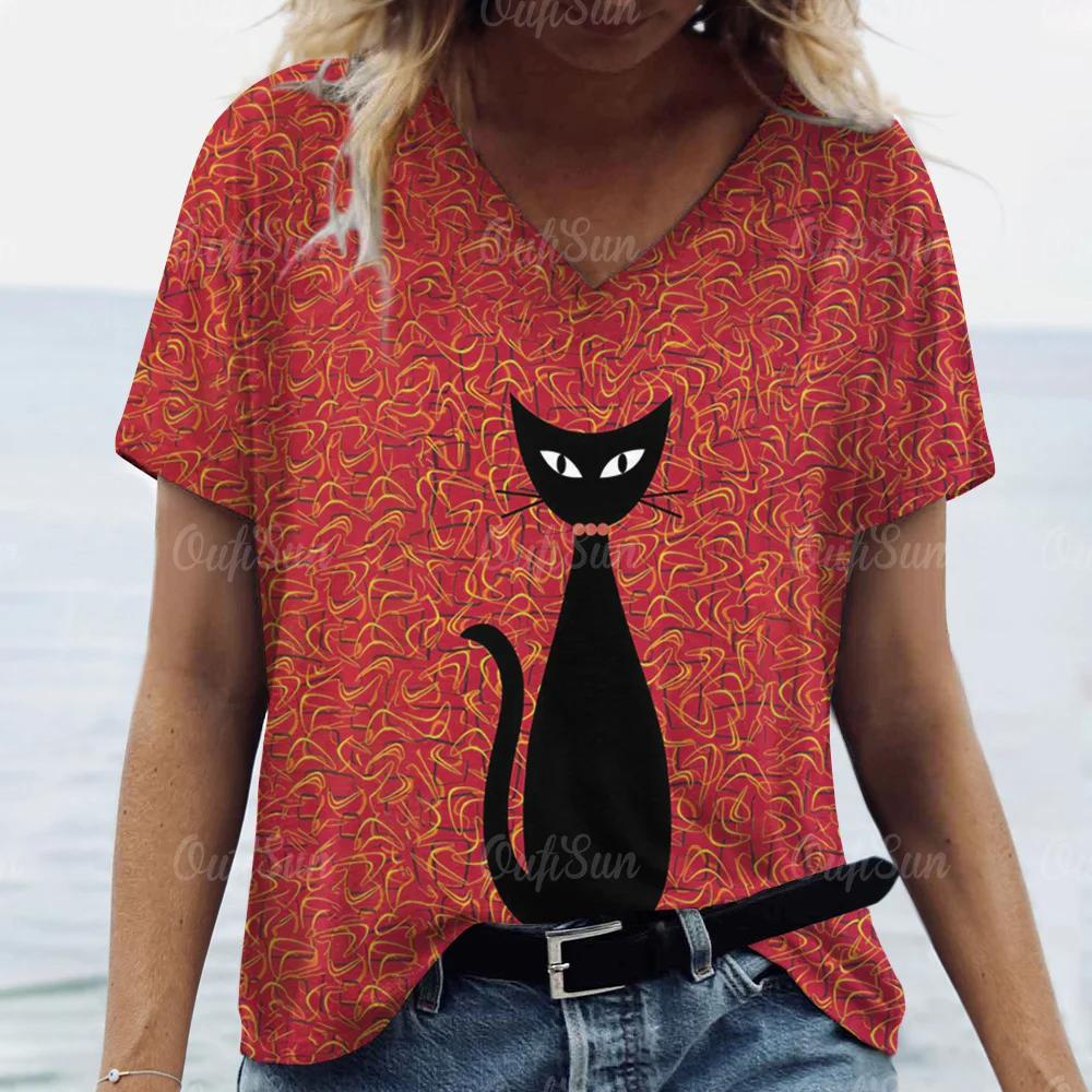 

Модная женская футболка с короткими рукавами, круглый вырез с принтом котенка, большой женский топ в стиле Y2K, дышащая футболка с короткими рукавами