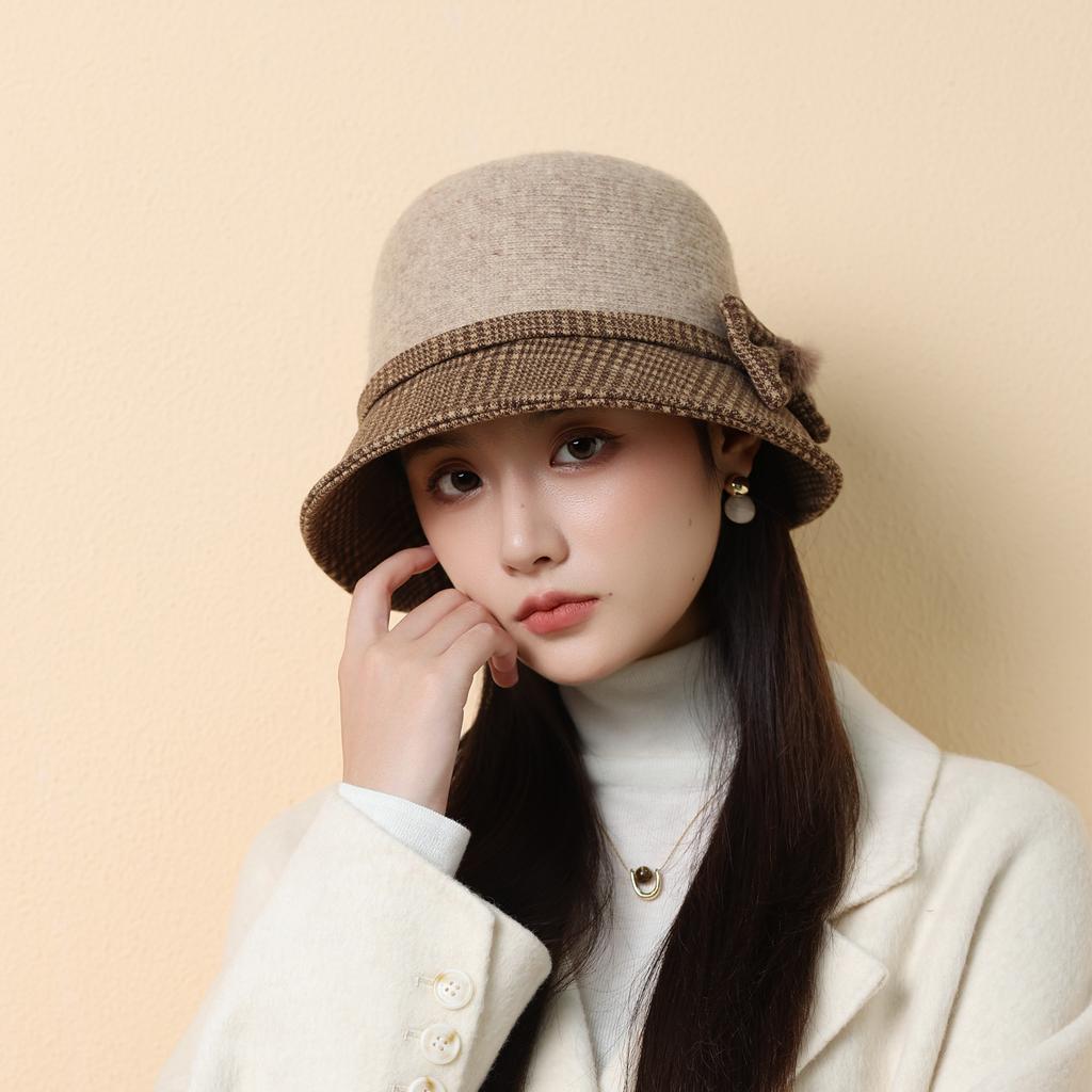 Autumn and Winter New Bow Bucket Hat Women's Woolen Basin Hat Mother Outdoor Warm Hat