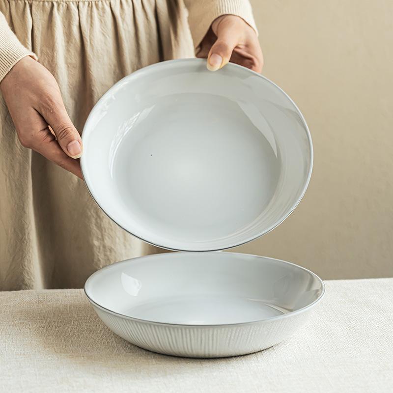 Simple Style Household Ceramic Large Bowl Gray And White Fruit Salad Bowl Vegetable Bowl Texture Open Dessert Bowl Tableware