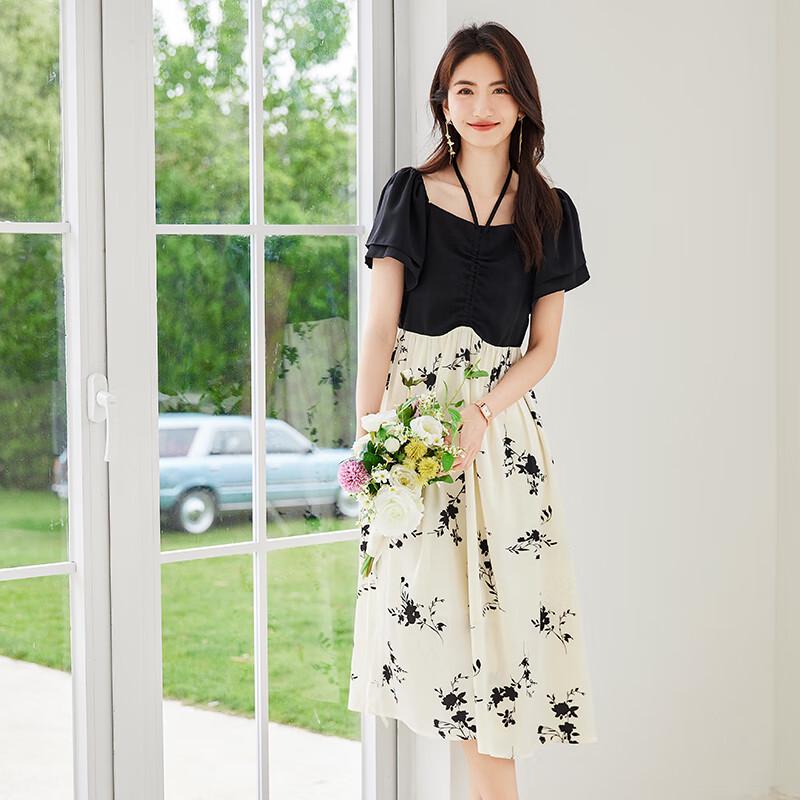 VICTORIA&VERA Floral Print Puff Sleeve Faux Two-Piece A-Line Mid-Length Dress