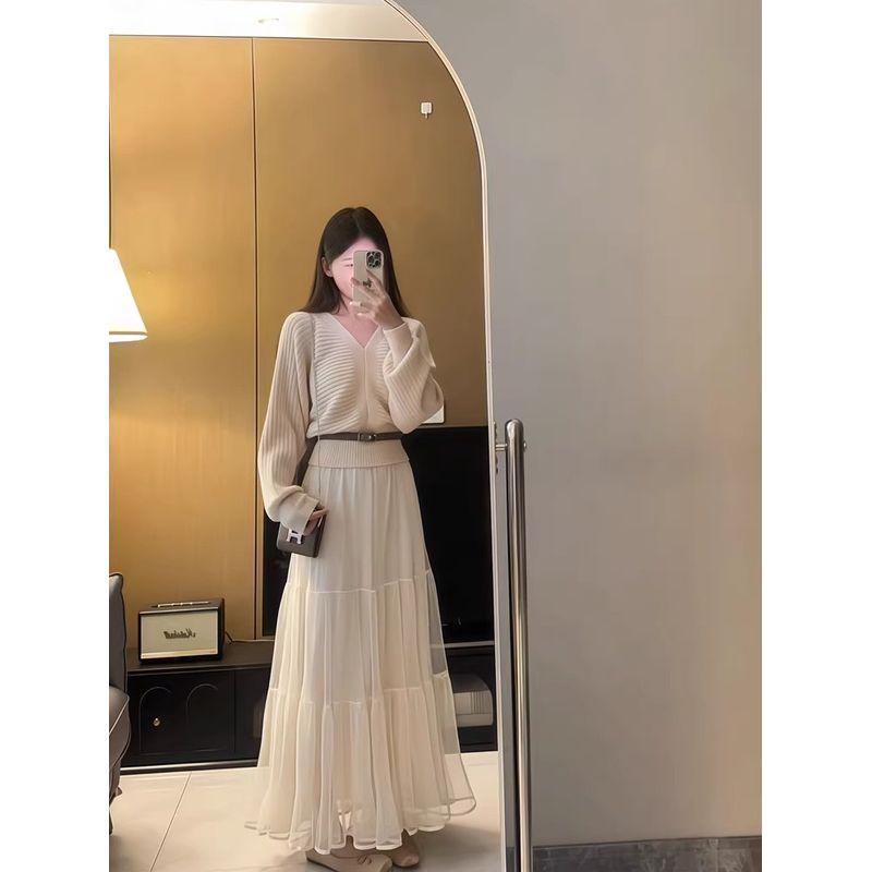 Kumikumi Fashion Suit Elegant Anti-Aging Long Sleeves Knitwear Female Fall High Waist All-Match Tutu Two-piece Set