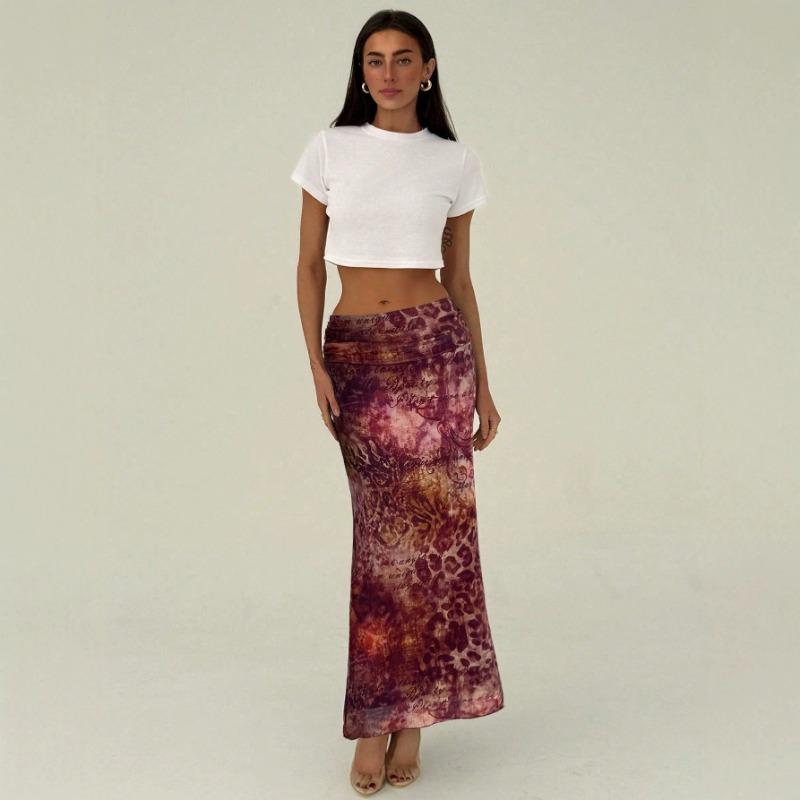 Women High Waisted Mesh Retro Printed Fish Tail Long Skirt Slim Fit and Slimming Hip Hugging Skirt S