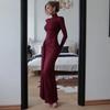European and American Autumn Winter Fashion Women's High Neck Long Sleeve Patchwork Tie Waist Slim Fit Elegant Solid Color Dress