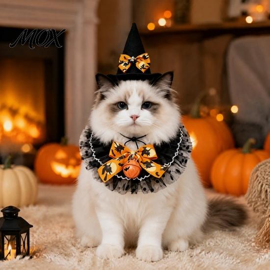 Pet Witch Hat And Scarf 1 Set Halloween Cat Costume, Wizard Lace Bandana, Ruffled Bib Funny Accessories with Bow Bell, Holiday Party Outfit for Small