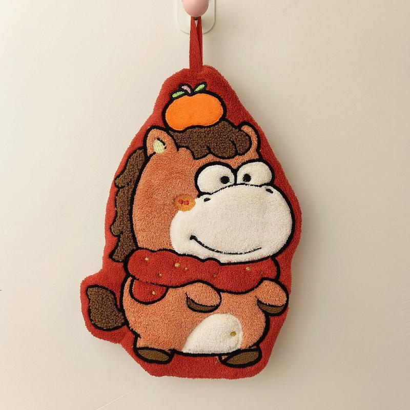 

New Year Lucky Pony Cute Cartoon Horse Hand Towel Thick Absorbent Coral Fleece Hanging Towel For Kitchen Bathroom Handkerchief A1