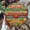 2D Flat, 1pc Round Aluminum Hanging Sign - "Bienvenue a Notre Terrasse" French Patio Rules Metal Wall Art, Tropical BBQ & Cocktail Design, Perfect