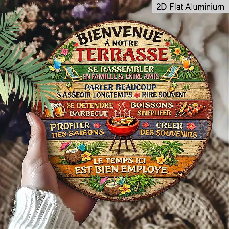 2D Flat, 1pc Round Aluminum Hanging Sign - "Bienvenue a Notre Terrasse" French Patio Rules Metal Wall Art, Tropical BBQ & Cocktail Design, Perfect