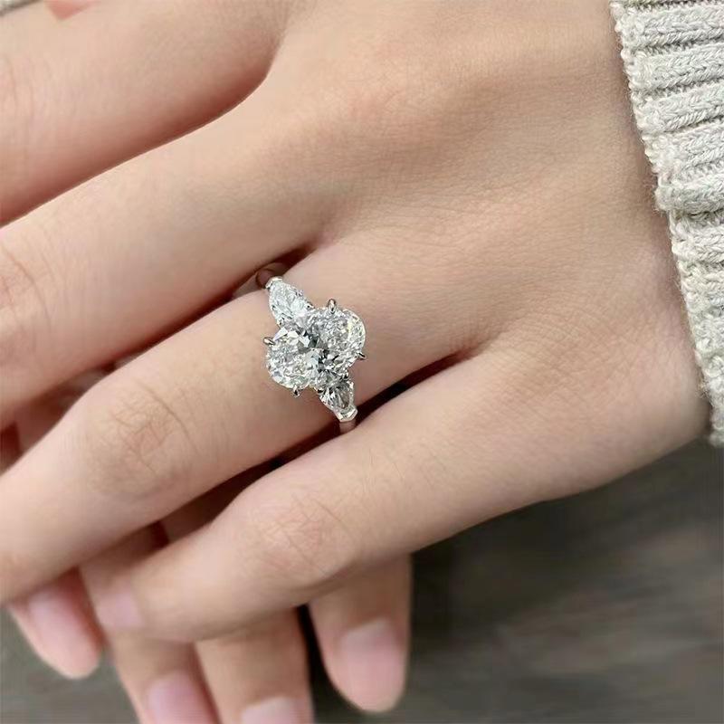 Oval Pigeon Egg Tri-Color Stone Diamond Ring – Elegant Luxury Wedding & Proposal Ring for Women