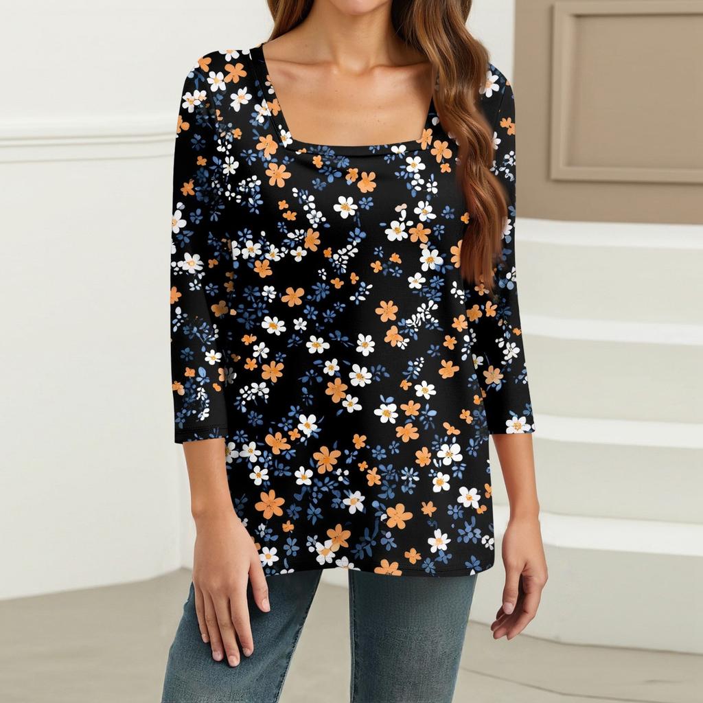 Shirt For Women's Fashion Casual Square Neck 3/4 Sleeve Loose Printed T-Shirt Ladies Top