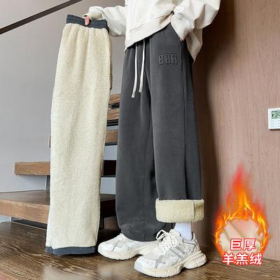 Lamb Velvet Pants for Boys In Winter New Style Plush Thickened Men's Casual Cotton Pants Straight Hoodies