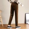 Women Autumn Winter Corduroy Harem Pants Elastic Waist Pockets Solid Color Long Trousers Thickened Fleece Lining Casual Pants