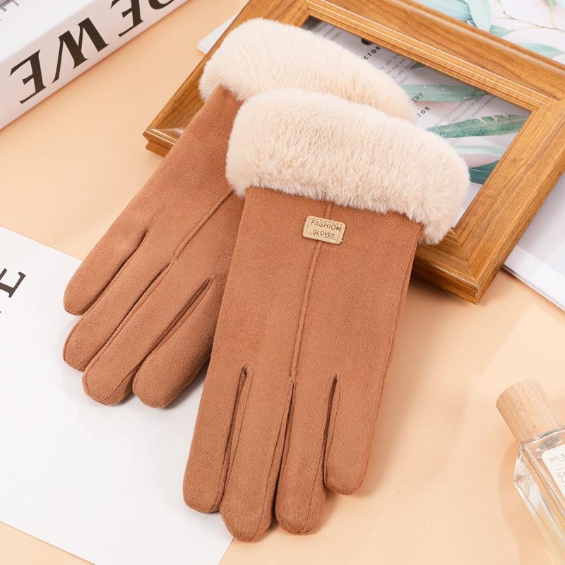 Autumn and winter suede gloves women's warm touch screen gloves imitation Rex rabbit hair mouth piled thickened cold-proof gloves