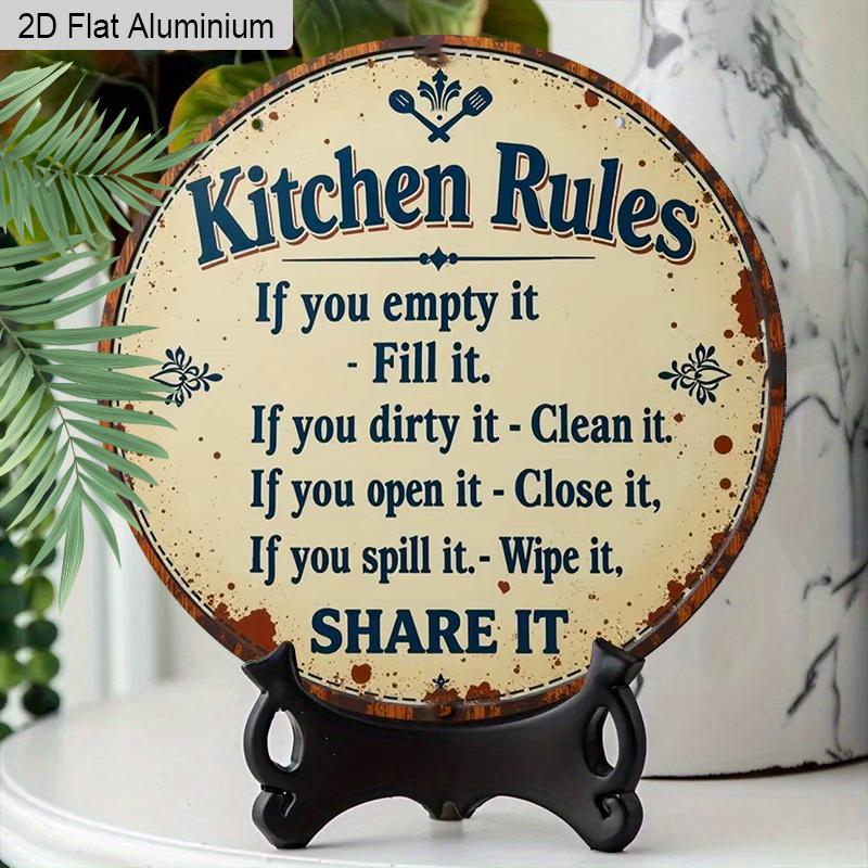2D Flat Aluminum Rustic Farmhouse Kitchen Decor Round Metal Sign, Cute Family Manners Sign for Mom, Wife, Housewarming Gift, Pre-Drilled Holes for