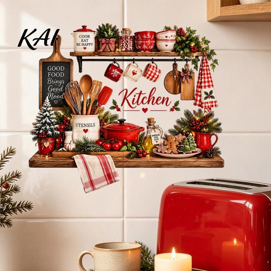 Christmas Party Scene Decoration Kitchen Wall Sticker, Self Adhesive PVC Decal, Festive Utensils Easy Apply Holiday Art Seasonal Holly Gingerbread Man