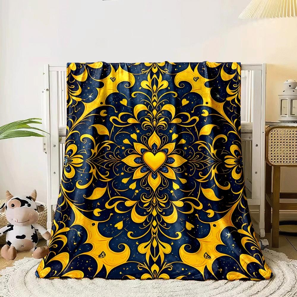 Symmetrical floral and heart motifs with golden swirls on a dark background. for all seasons blanket lunch break throw gift 80cm x 120cm