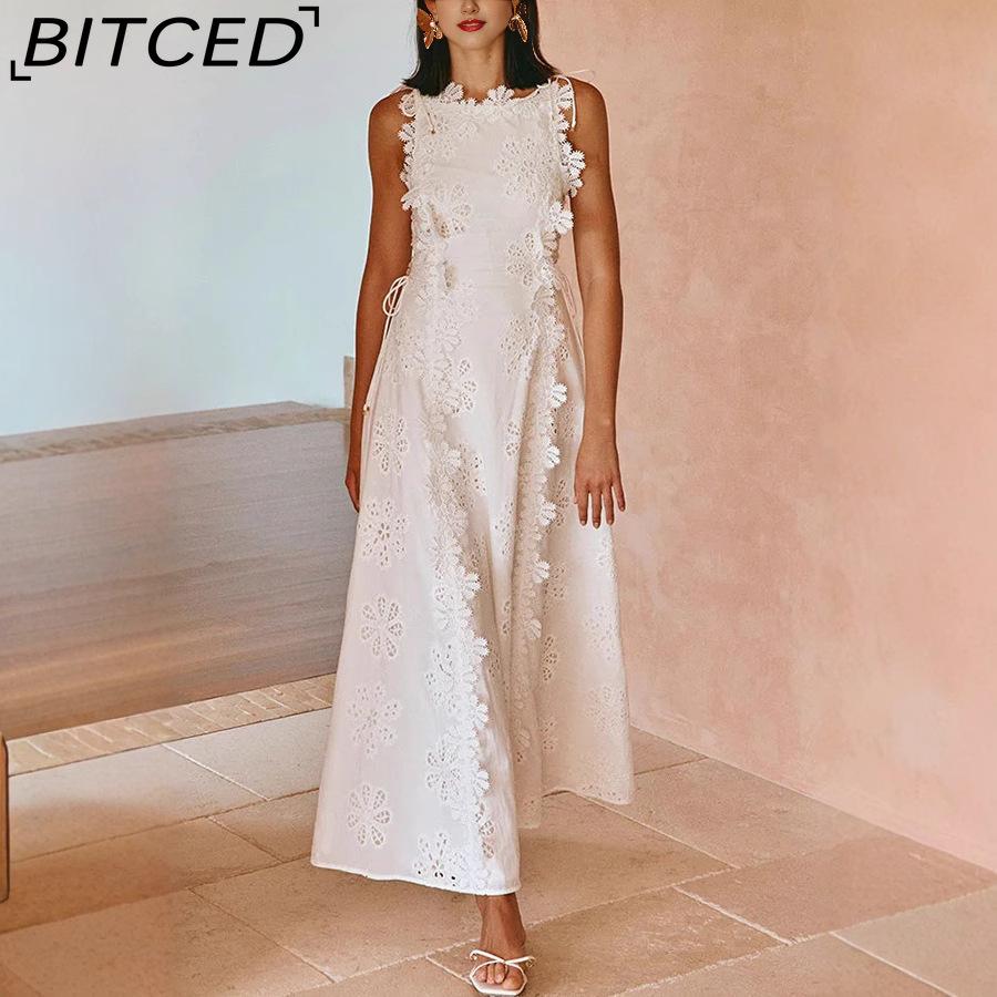 

BITCED Summer Lace Trim Embroidered Tie-Waist Flattering Long Dress for Women XL білий