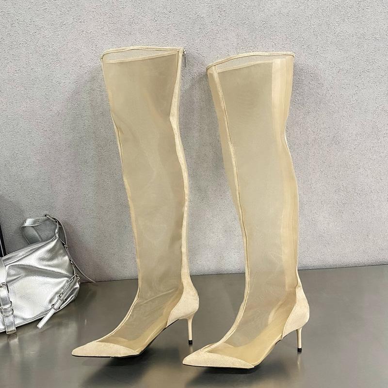 Fashion Eilyken New Design Mesh Pointed Toe Women Over The Knee Boot Sandals Fashion Zipper Thin High Heels Party Prom Shoes