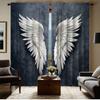 2pcs Set Glam Style Semi-Sheer Curtains   White Angel Wings Print on Deep Blue Textured Background   Polyester    Machine Washa
