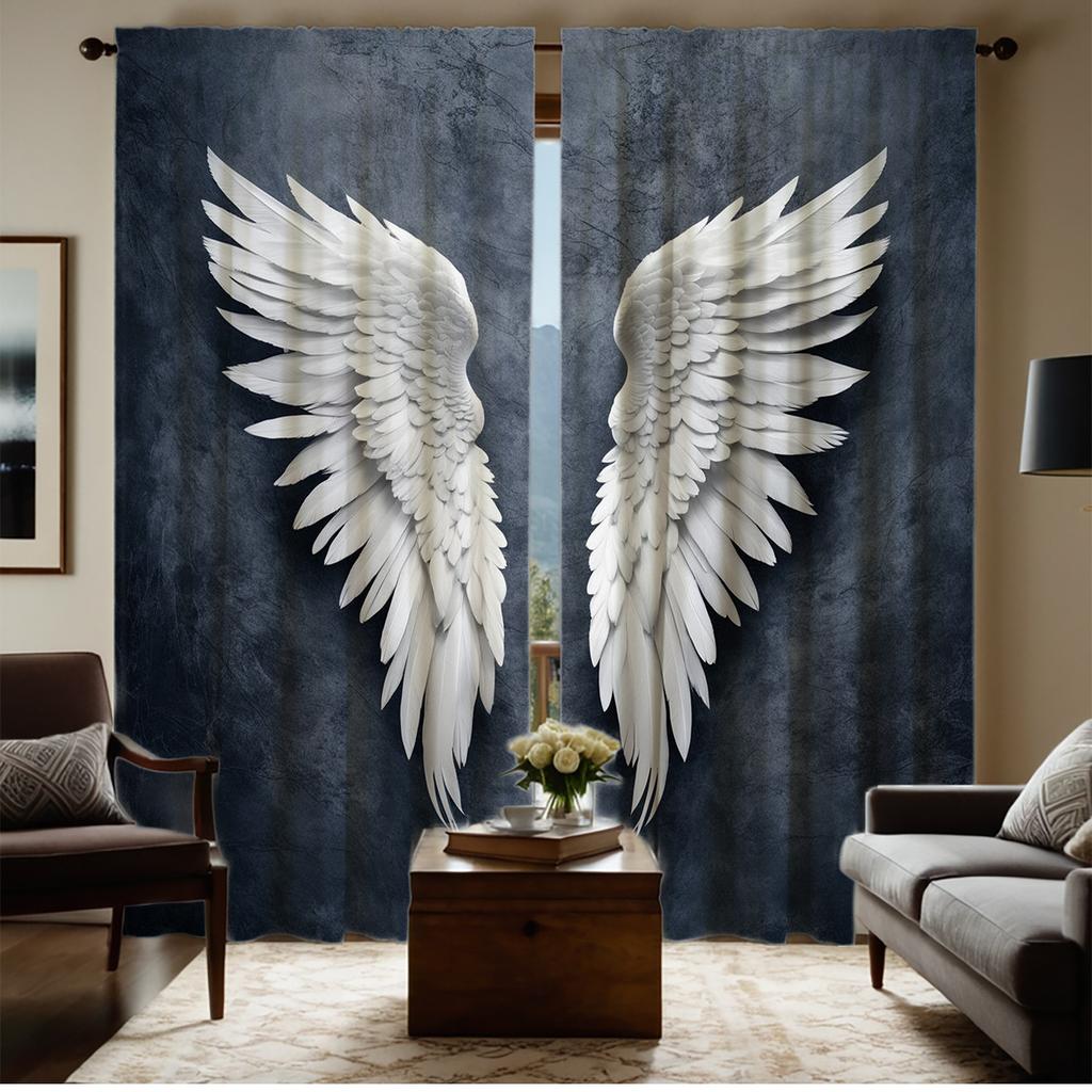 2pcs Set Glam Style Semi-Sheer Curtains   White Angel Wings Print on Deep Blue Textured Background   Polyester    Machine Washa