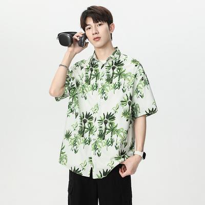 Men's Oversized Palm Tree Print Short Sleeve Shirt - Green Hawaiian Casual Button Down Top